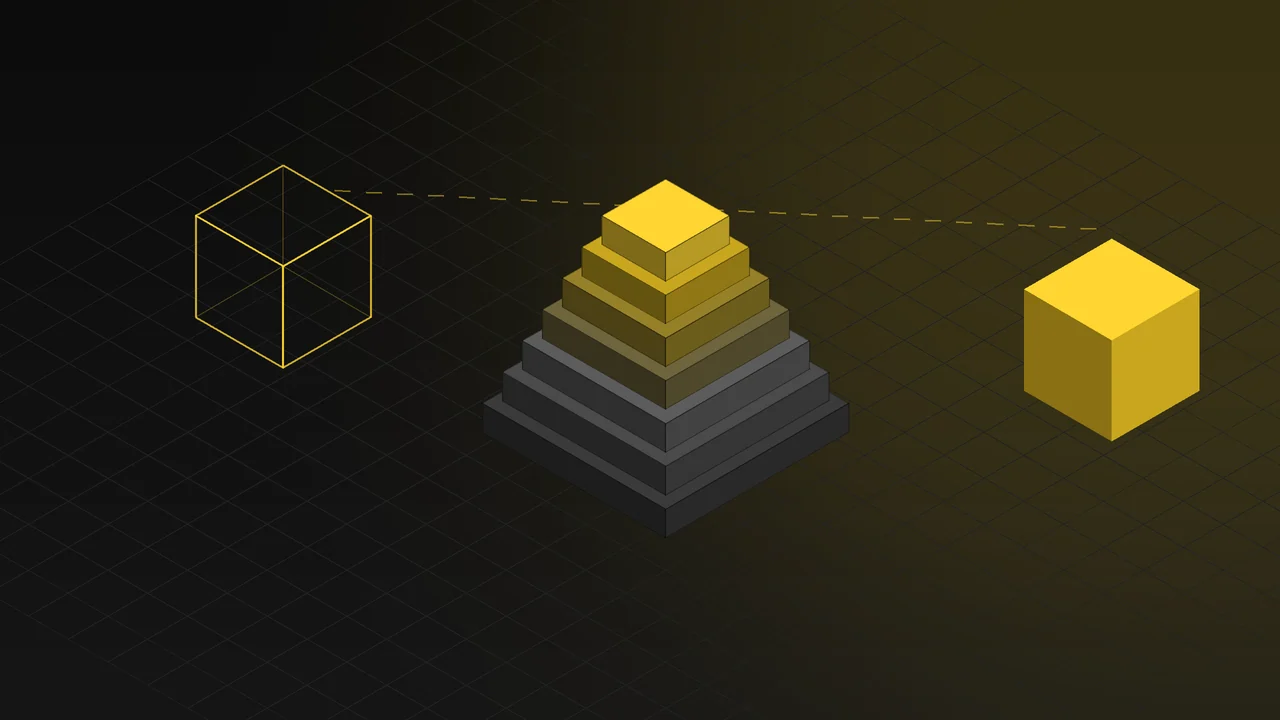 A wireframe 3D model turning into a rendered cube, with stacked blocks representing the items in a quote