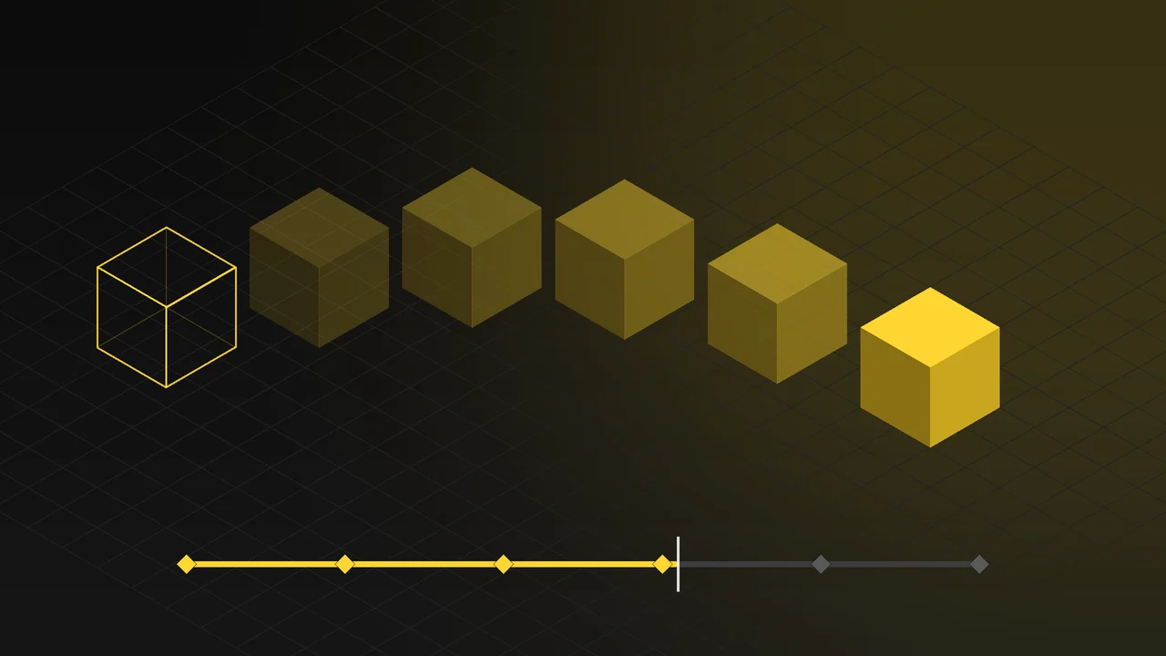 A cube moving from wireframe to solid in a 3D animation, with a keyframe timeline
