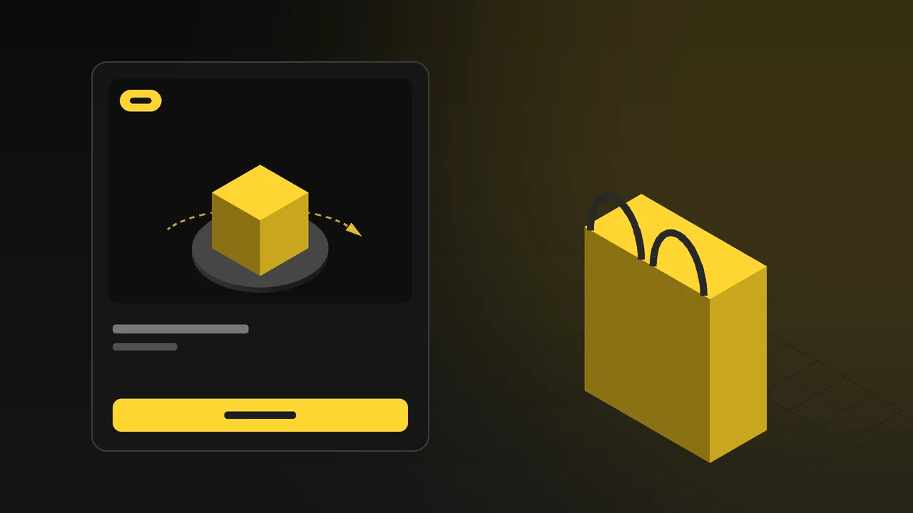 An online store product card with an isometric yellow 3D box, a rotation arrow and a shopping bag