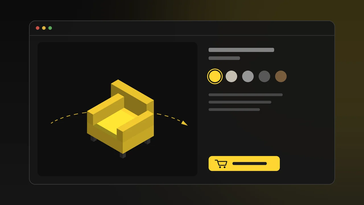 An online store product page with an isometric yellow 3D armchair, colour swatches and a shopping cart